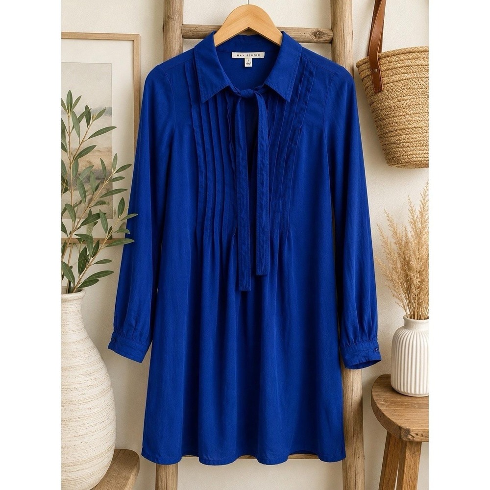Max Studio Blue Tie Neck Tunic Dress Women's Small Long Sleeve Rayon Boho